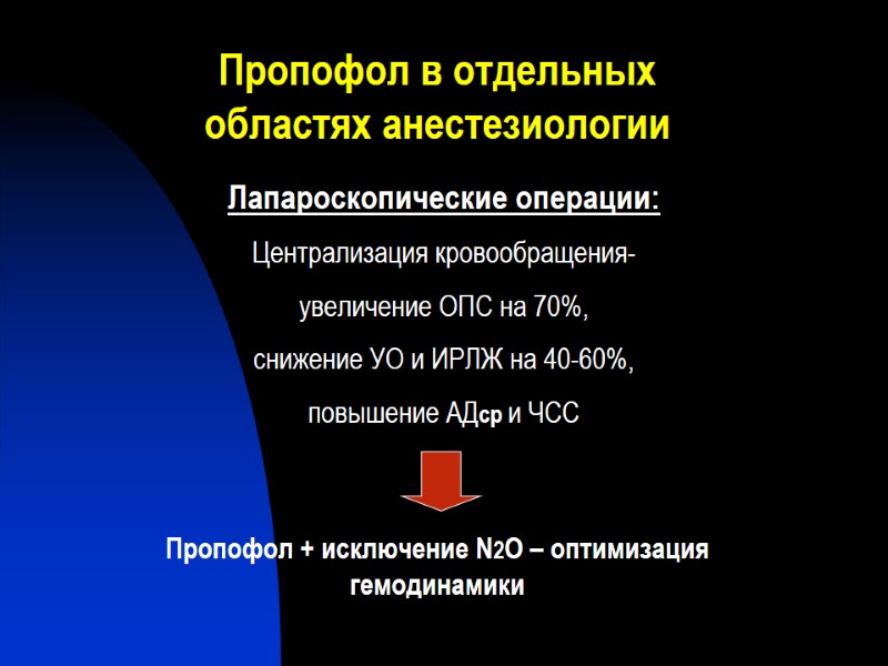Пропофол в отдельных областях анестезиологии Лапароскопические операции: Централизация кровообращения-  увеличение ОПС на 70%,